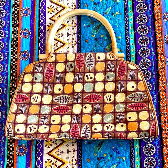 Vintage Boho Fossil Purse with Wood/Wicker Handles and Leaf Pattern - Picture 1 of 14